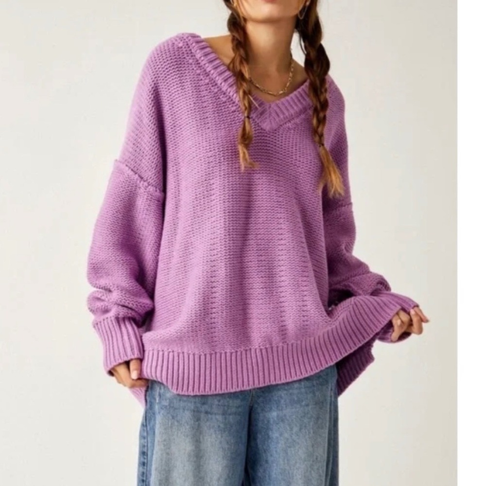 Free People Brookside V-Neck Oversized Sweater Purple Orchid Small